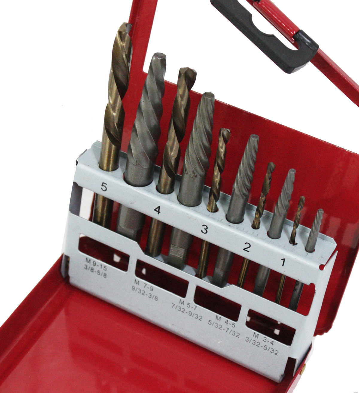 LEFT HAND 10 PC STEEL SCREW EXTRACTOR DRILL BITS W/ METAL BOX